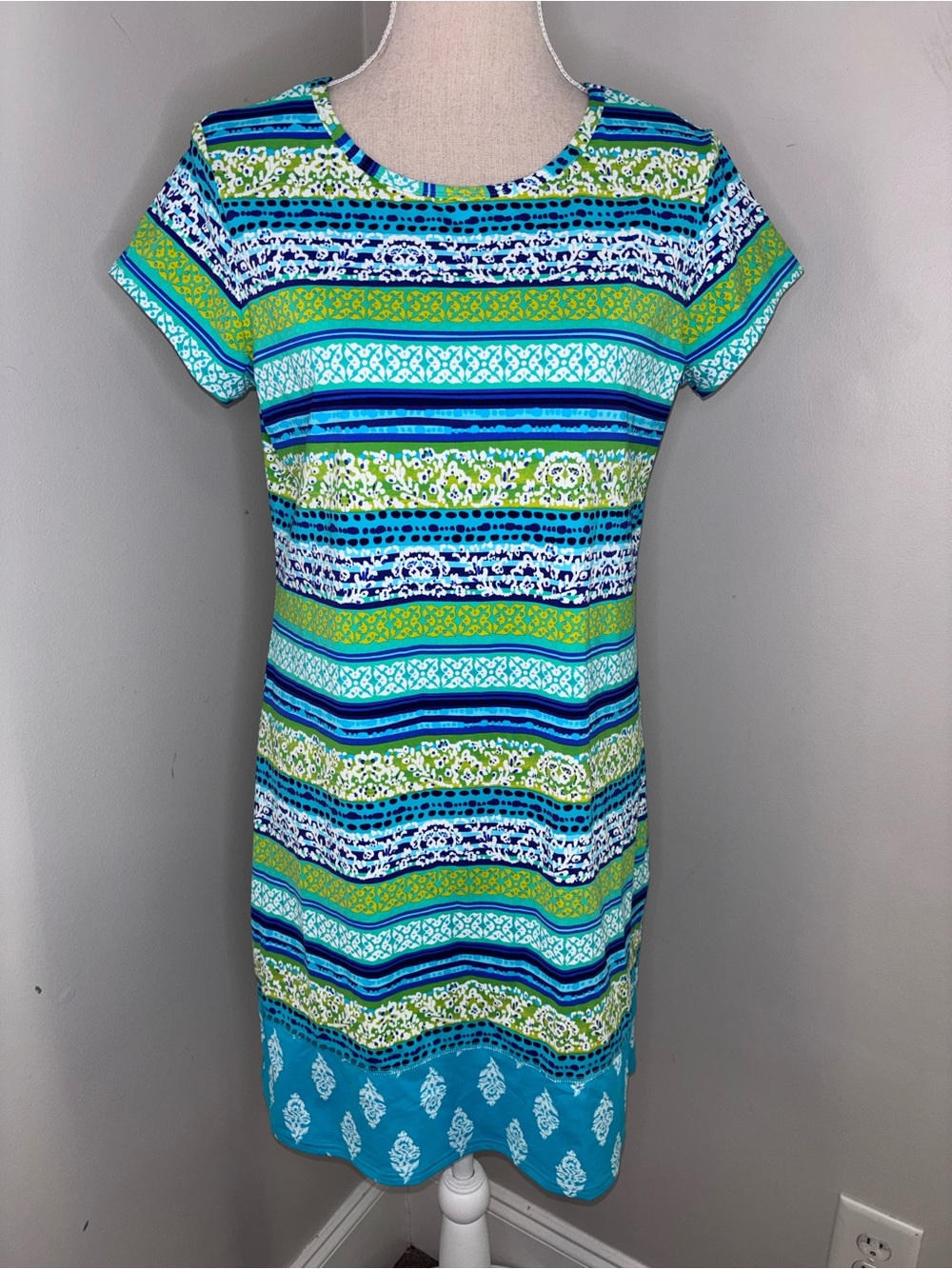 Lands End aqua blue & green striped stretchy cap sleeve dress size Small 6-8